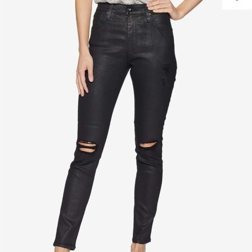 AG Adriano Goldschmied Farrah Skinny Ankle Distressed Waxed Black Jeans Size 25